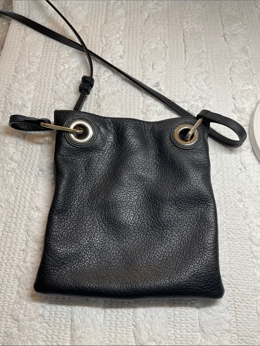 Vince Camuto Black Leather Crossbody Bag with Grommet Detail